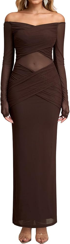 KUTUMAI Women Sheer Long Sleeve Off Shoulder Formal Cocktail Wedding Guest Dresses Fall Mesh Ruch... | Amazon (US)