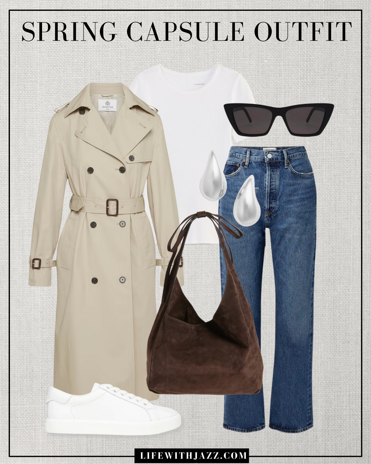 Spring capsule outfit 

Spring capsule / capsule wardrobe / smart casual outfit / trench coat / white tee / mid blue wash jeans / ankle jeans / sneakers / suede chocolate brown tote / silver teardrop earrings / sunglasses / sc25 

#LTKStyleTip #LTKSeasonal
