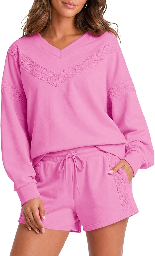 Fisoew Womens 2 Piece Outfits Short Sets Lace V Neck Long Sleeve Sweatshirts Casual Shorts Sweats... | Amazon (US)