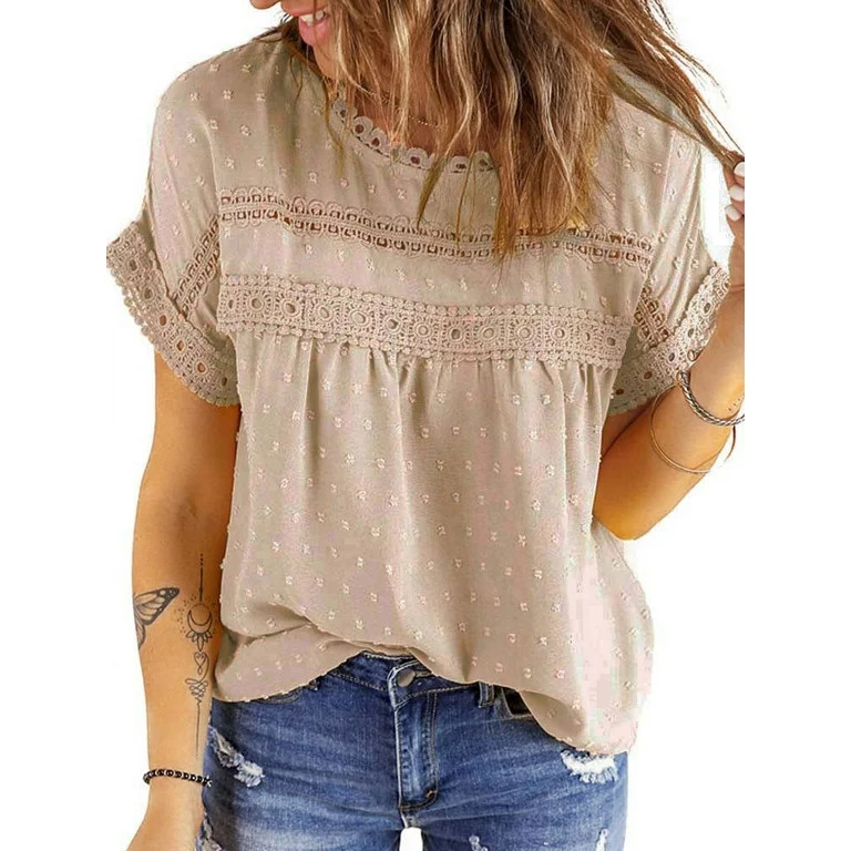 UVN Summer Shirts for Women Short Sleeve Blouses Ladies Crewneck Lace Crochet Tops Dressy Chiffon... | Walmart (US)