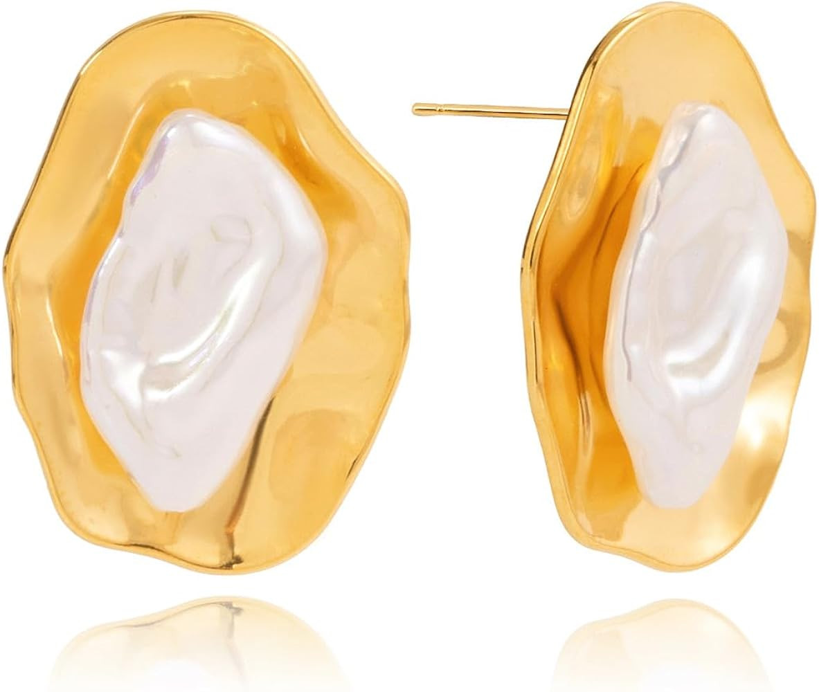 Baroque Pearl Gemmetric Statement Stud Earrings for Women - Stainless Steel 18K Gold Plated Irreg... | Amazon (US)