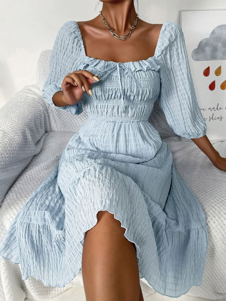 Tie Front Ruffle Trim Flounce Hem Dress | SHEIN