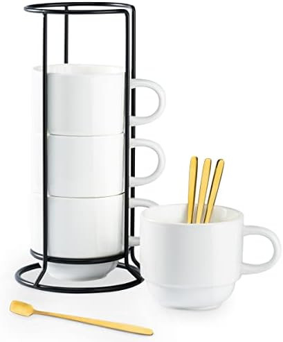 YHOSSEUN Porcelain Coffee Mug Set With Metal Stand, Ceramic Cups with Espresso Spoons, 11 Ounce Perf | Amazon (US)
