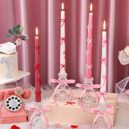 12 Set Pink Bow Party Suppies Pink Bow Candles Valentine Taper Candles Sticks with 3 Colors Wax S... | Amazon (US)