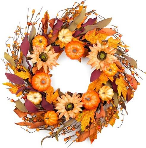 HomeKaren Fall Wreaths for Front Door 22 Inch, Autumn Wreath with Berry Pumpkin, Maple Leaves, Th... | Amazon (US)
