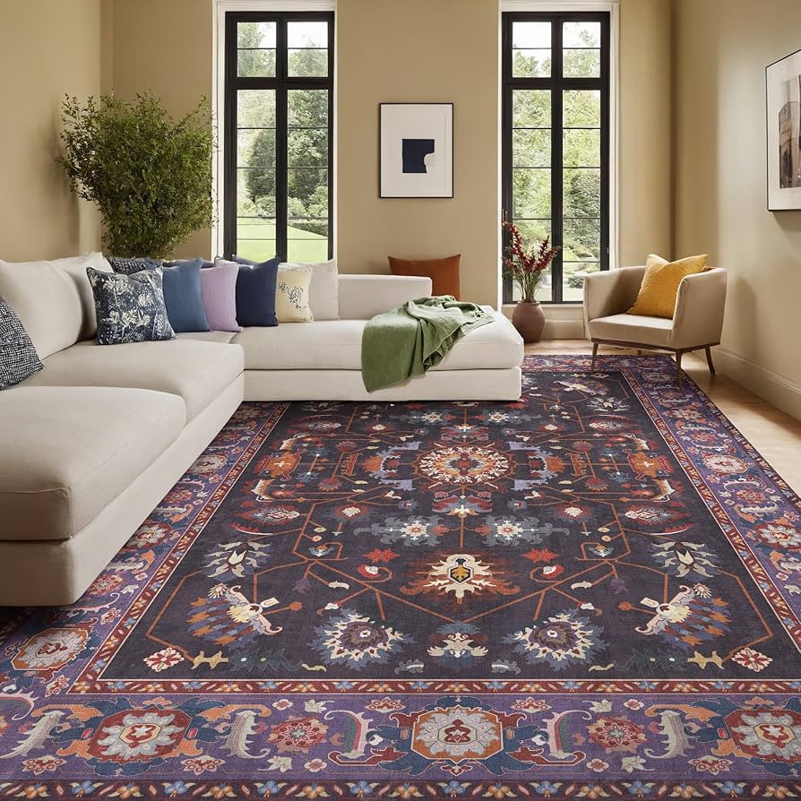 8x10 Area Rugs Living Room Soft Washable Non Slip Low Pile Oriental Purple Floral Medallion Stain... | Amazon (US)