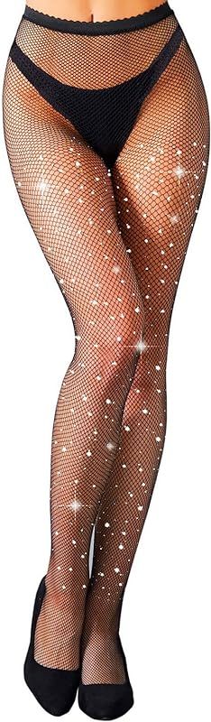 MengPa Women's Fishnets Sparkly Tights High Waist Rhinestone Stockings | Amazon (US)