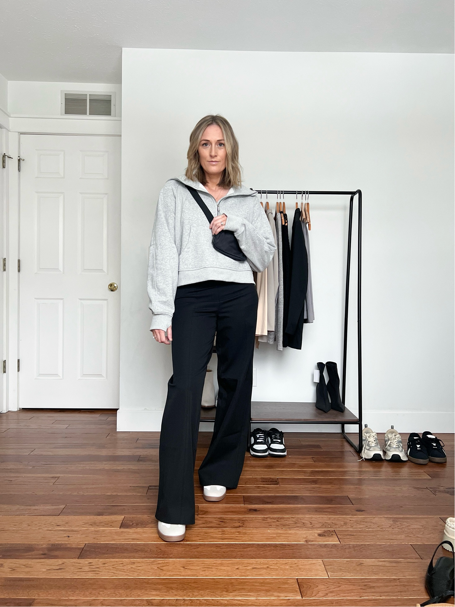 Winter outfits. Winter outfit idea. Casual outfits. Casual outfit idea. Flare leggings. Leggings outfit. Quarter zip sweatshirt. Belt bag. Bum bag. Neutral outfits. Mom outfits. 

#LTKSeasonal #LTKfindsunder100 #LTKfindsunder50