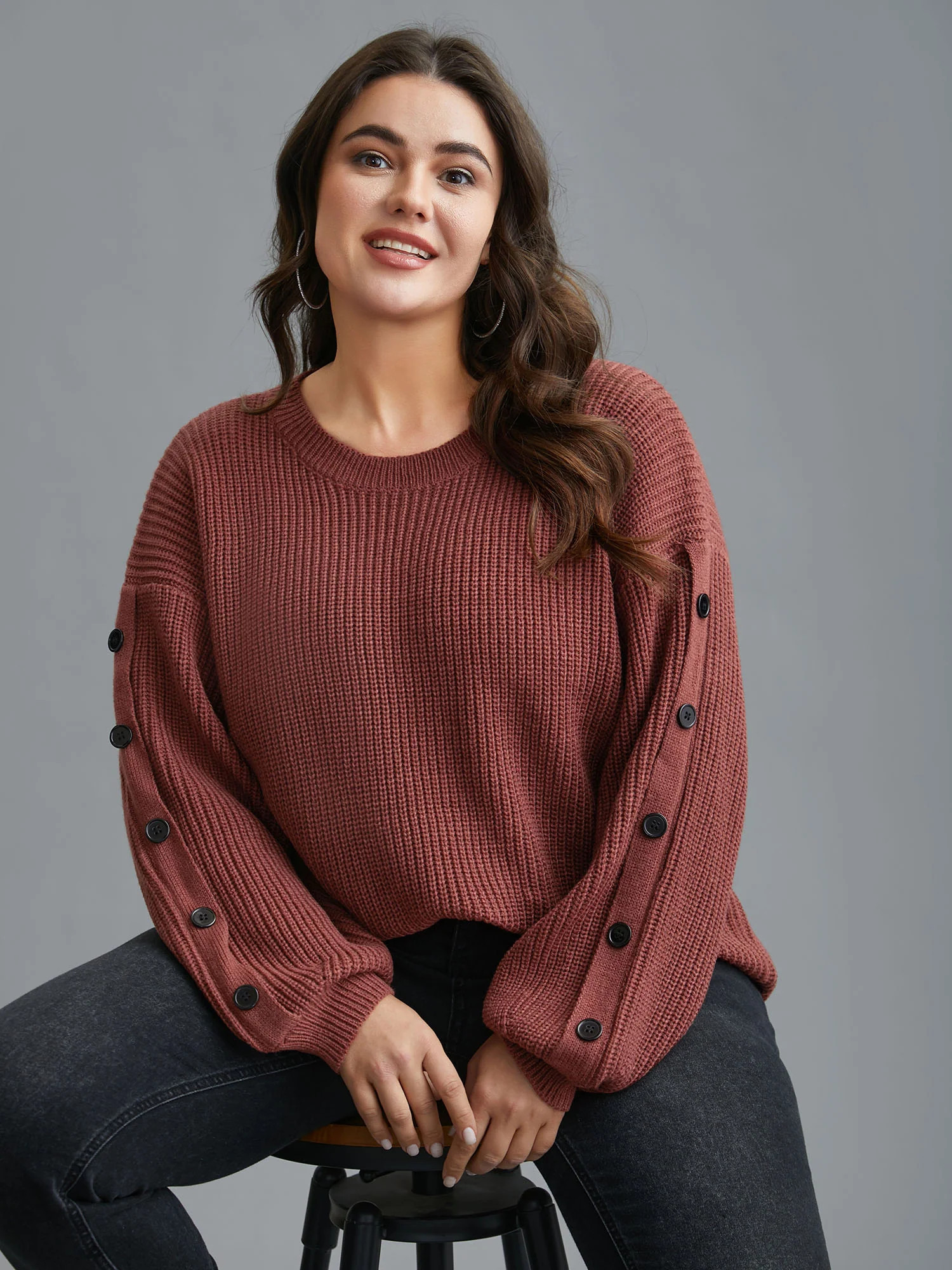 Textured Drop Shoulder Button Detailing Pullover | Bloomchic