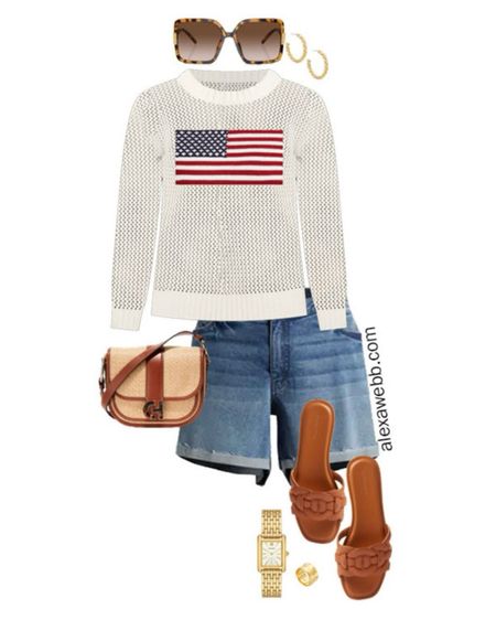 Plus Size Fourth of July Outfits 2024 - Look 1 - An adorable casual plus size outfit idea for Fourth of July with an American flag open-weave sweater and cut-off denim shorts and flat slide sandals. Alexa Webb #plussize

#LTKStyleTip #LTKSeasonal #LTKPlusSize