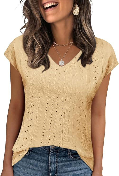 Zeagoo 2025 Women's Tank Top V Neck Eyelet T Shirts Cap Sleeve Tops Loose Fit Blouses Dressy Casu... | Amazon (US)
