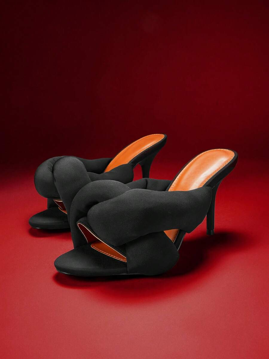 SHUZIA Sleek Versatile Ladie's Black Puffy Twist Mule Fleece Heeled Sandal Cute Chic Sexy Holiday... | SHEIN