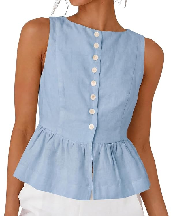 SKIKYAN Women's Linen Tank Top Sleeveless Ruffled Hem Peplum Top | Women Crewneck Linen Tanks, Ca... | Amazon (US)