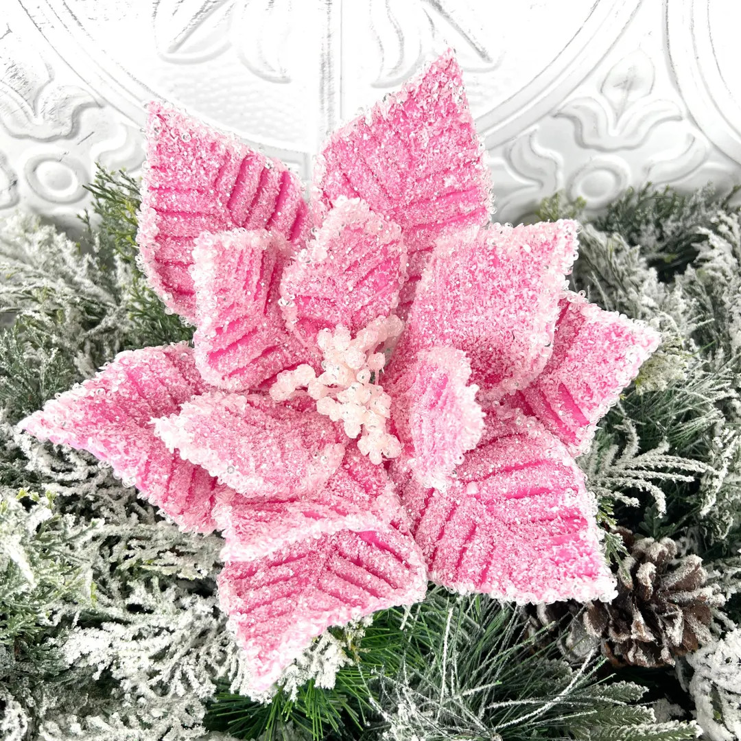 Beaded Poinsettia Stem: Icy Pink Christmas Flower, Holiday Floral Pick - Etsy | Etsy (US)