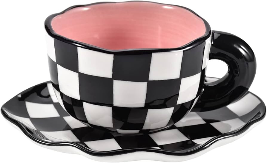 Koythin Ceramic Coffee Checkered Mug with Saucer Set, Cute Creative Unique Irregular Saucer Desig... | Amazon (US)