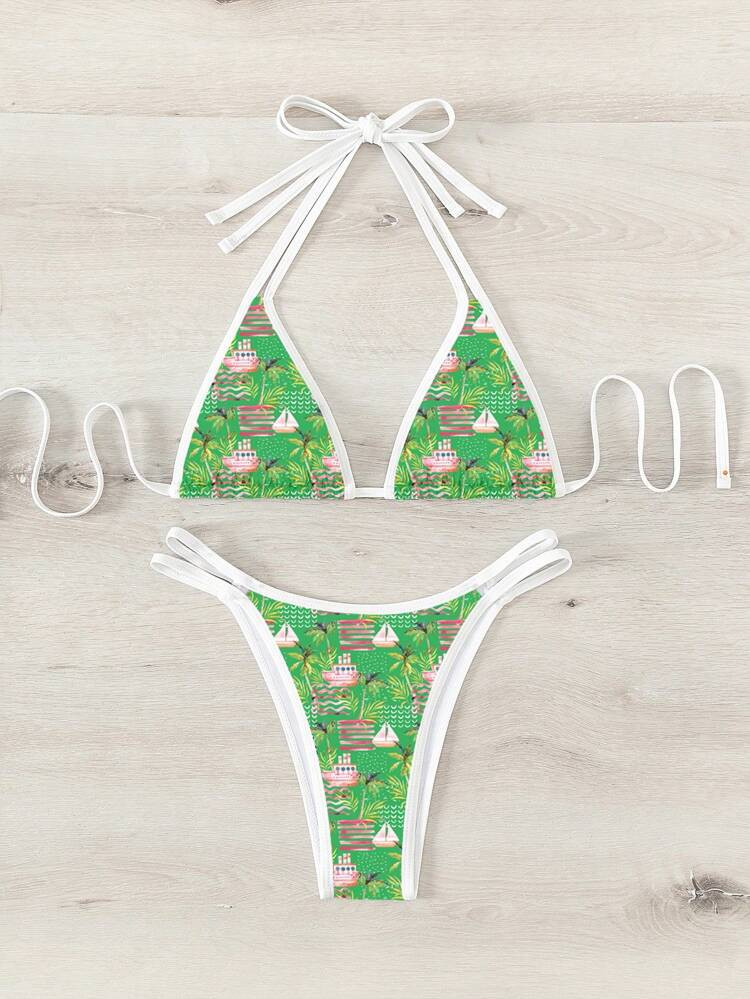 Cartoon Graphic Contrast Binding Halter Triangle Bikini Swimsuit | SHEIN