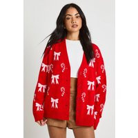 boohoo Women's Candy Cane Bow Christmas Cardigan in Red | Size: Medium | Denim/Suede | boohoo (US & Canada)