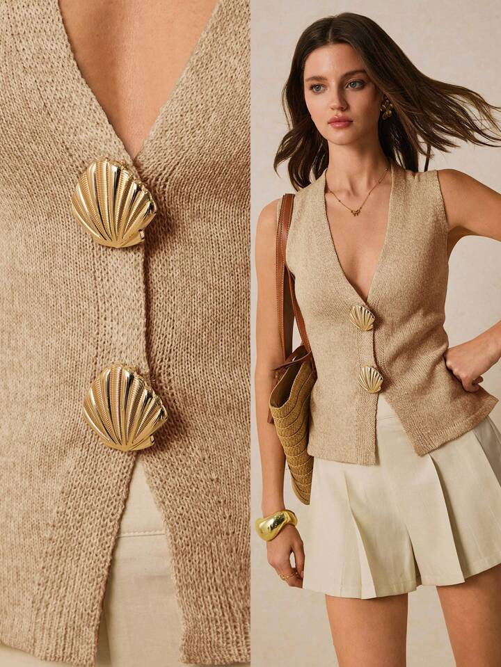 Poéselle Women's Vacation Casual Shell Button Front Sleeveless Thin Cardigan | SHEIN