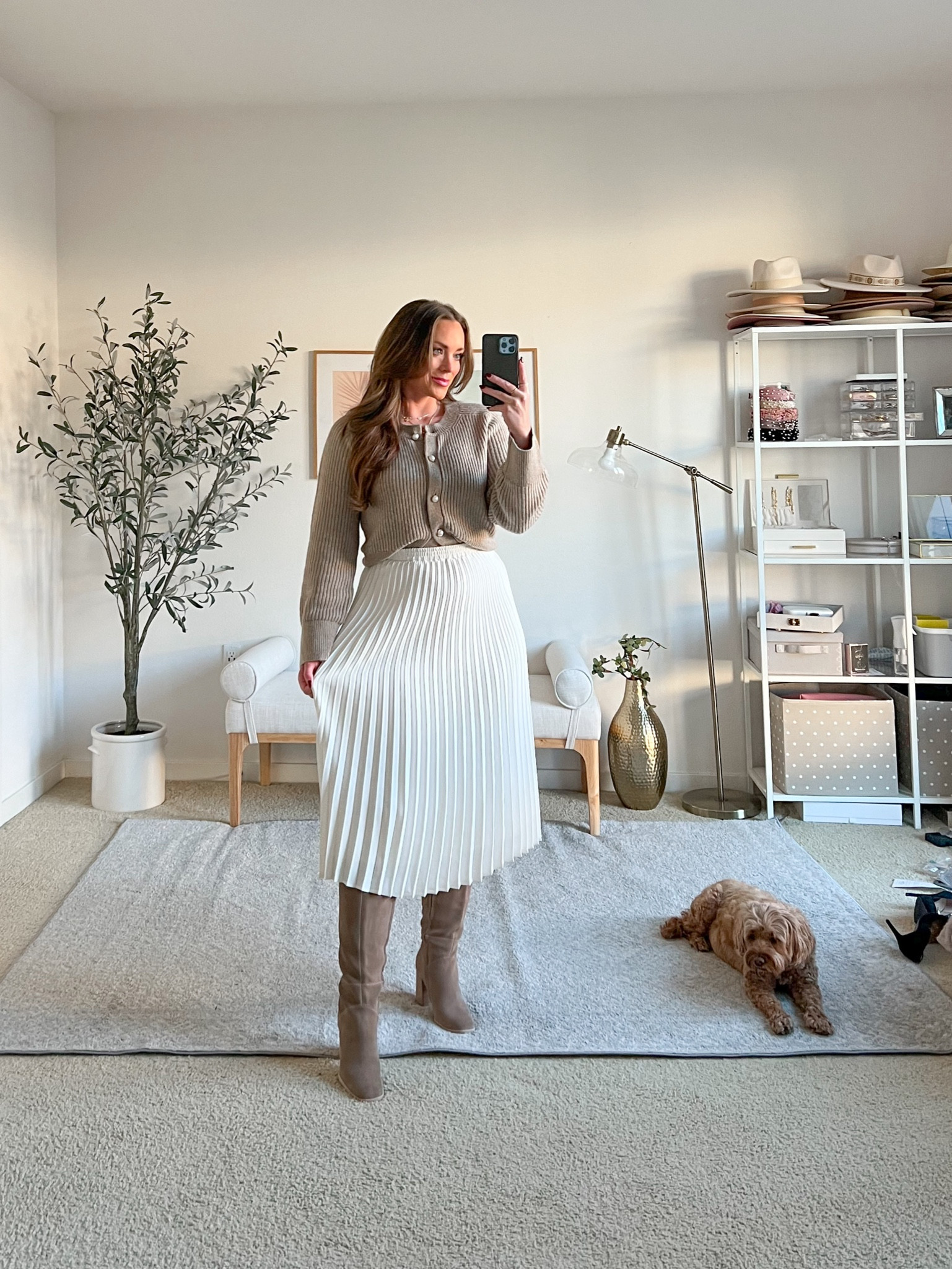 Christmas Eve church service outfit. I LOVE this pearl button cardigan to wear in a more dressed up way for the holidays but would wear this with jeans after the holidays!
Cardigan size medium
Boots- size up a half size!
Skirt is old found super similar ones. 

#LTKSeasonal #LTKHoliday #LTKmidsize