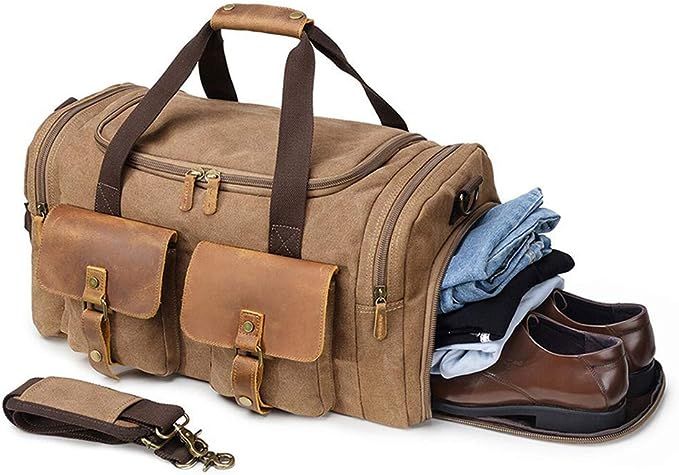 Kemy's Canvas Duffle Bag Oversized Genuine Leather Weekend Bags for Men and Women | Amazon (US)