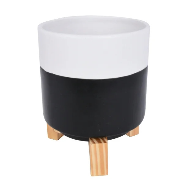 Mainstays Ceramic Black and White Ceramic Planter with Wood Stand, Set of 2 | Walmart (US)