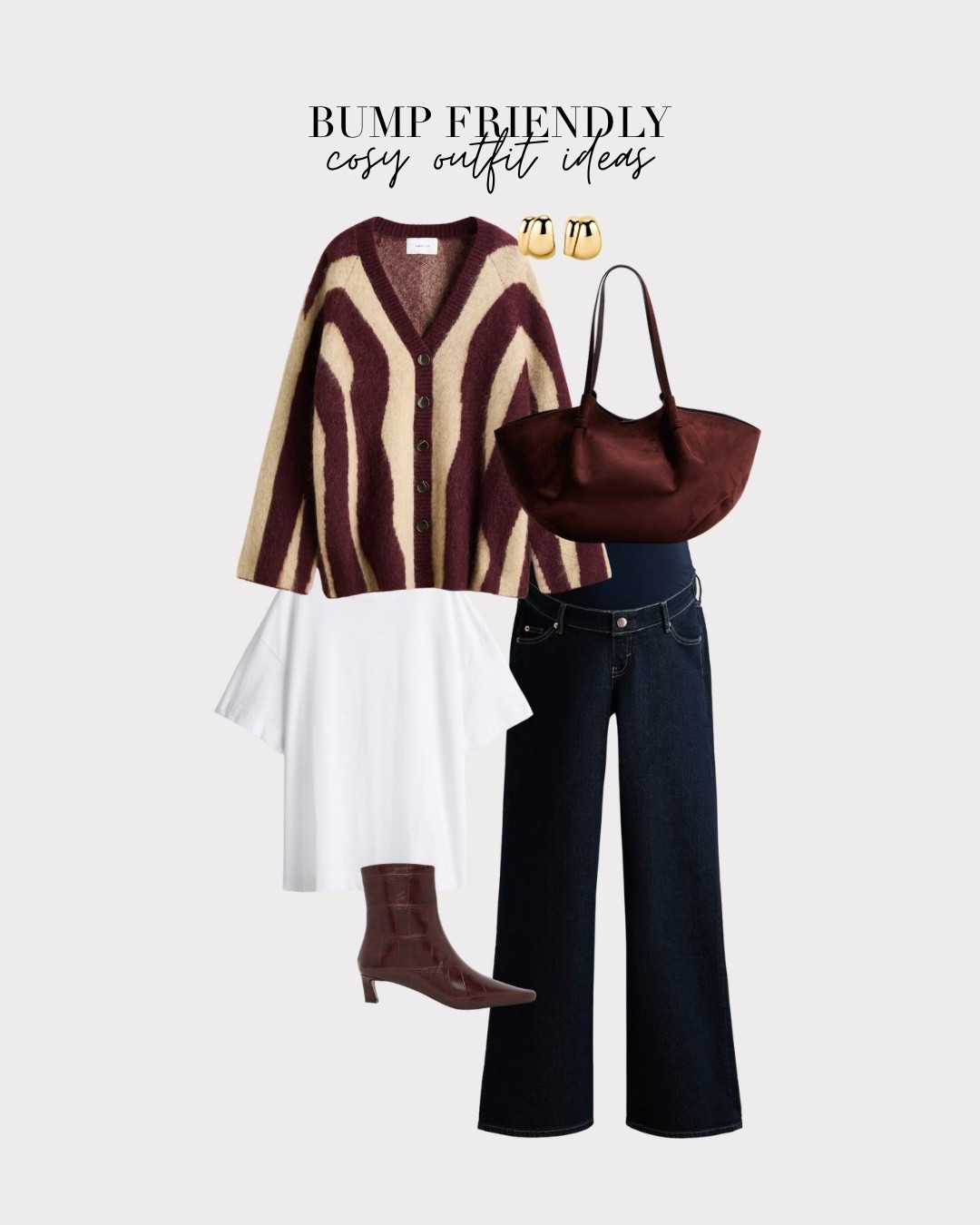 Bump friendly cosy outfit ideas that you can wear whether you’re pregnant or not! Just swap the mat jeans out for normal ones ✨ how cute is this cardigan and the bag looks so premium too! Could swap the boots out for like burgundy adidas for even more comfort or maybe tan or beige ugg tazz 👌🏻

#LTKstyletip #LTKuk #LTKmaternity