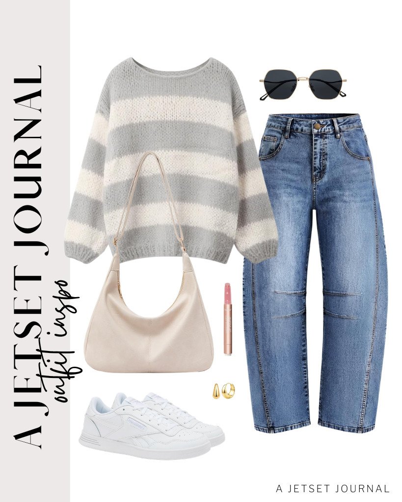 Pair this gray-and-white striped sweater with ZISICA barrel jeans for a stylish streetwear look. For footwear, opt for Reebok Court Advance sneakers. Accessorize with SOJOS retro sunglasses and a leather shoulder bag. 

 #LTKSeasonal #LTKSaleAlert #LTKTravel