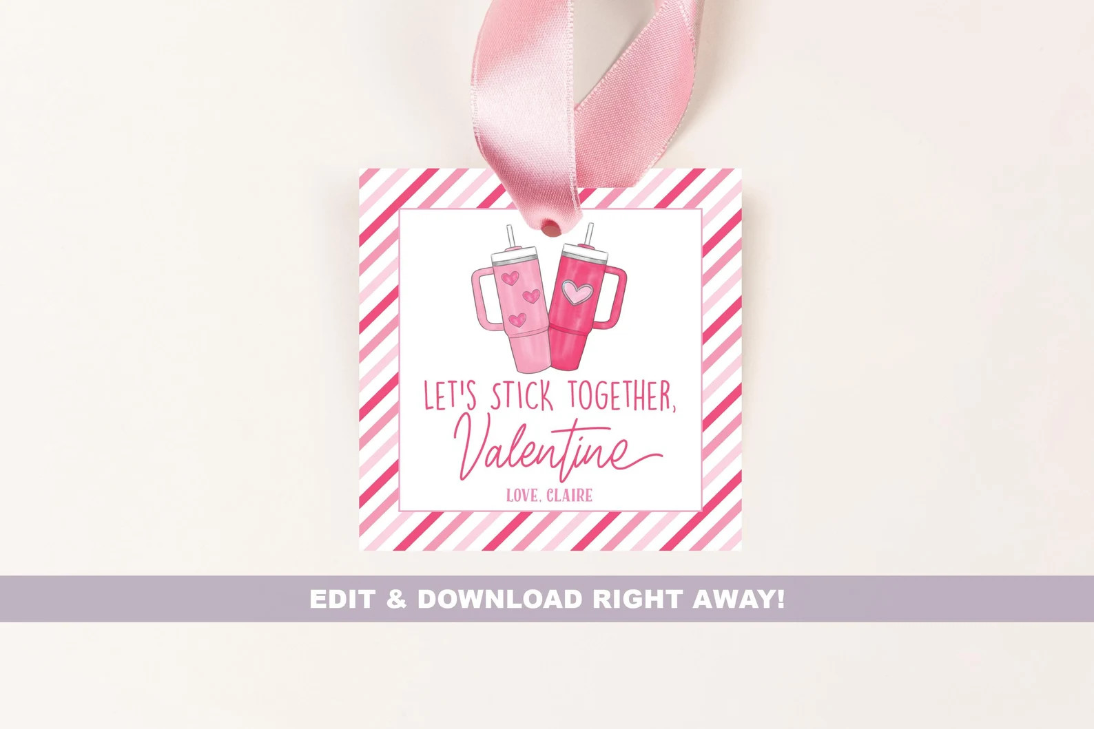 Valentine's Day Card Editable Tag for Water Bottle Sticker Party Favors Red and Pink Stanley Girl... | Etsy (US)