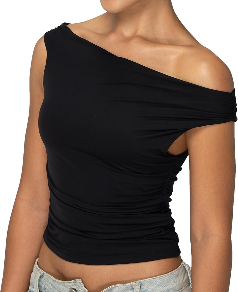Off Shoulder Tops for Women Spring Going Out Crop Tank Tops Sexy Sleeveless Shirts | Amazon (US)