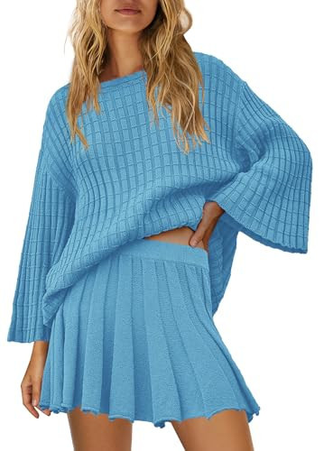 SENSERISE Fall Sweater Sets Skirt Sets Women 2 Piece Outfits Long Sleeve Top and Skirts Set Loungewear(Sky Blue,L) | Amazon (US)
