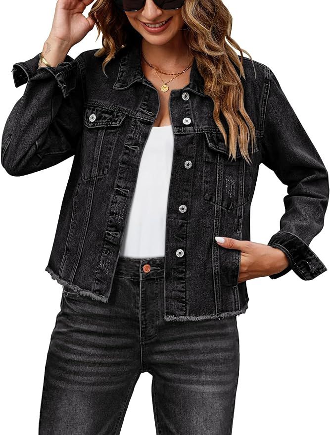 luvamia Denim Jacket for Women Distressed Jean Jackets Button Up Vintage Western Trucker Jacket F... | Amazon (US)