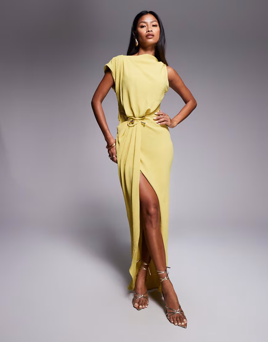 ASOS DESIGN asymmetric hardware trim maxi dress in chartreuse-Yellow | ASOS (Global)