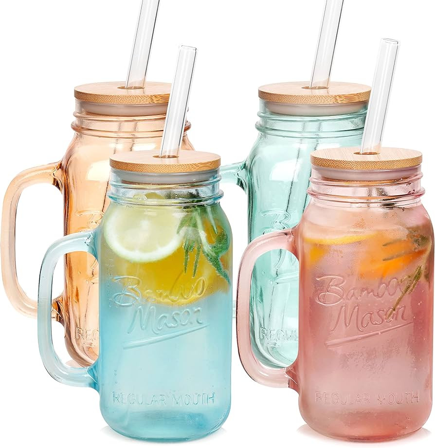 ANOTION Mason Jar with Handle - Colorful Drinking Glasses Colored Glass Cups with Lids and Straws... | Amazon (US)