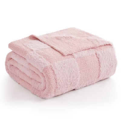 Soft Faux Fur Knit Checkered Throw Blanket Fluffy Bedding Blankets Snuggle Sac, 60*80", Pink | Target
