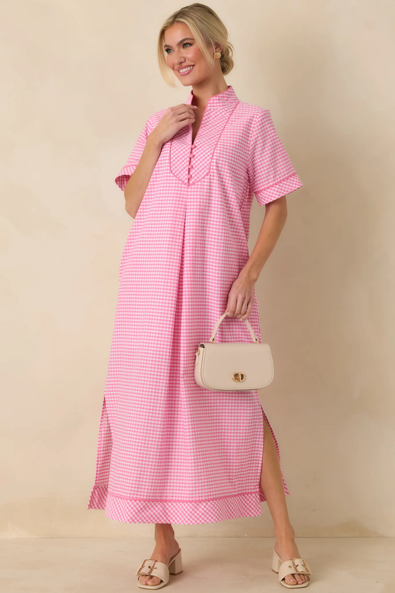 Afternoon Plans Pink Gingham Cotton V-Neck Maxi Dress | Red Dress