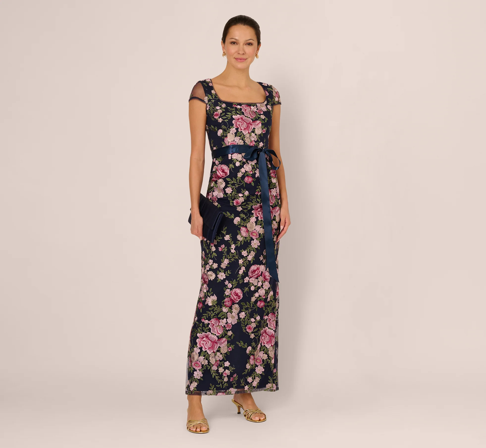 Embroidered Floral Cap Sleeve Column Gown In Navy Blush | Adrianna Papell