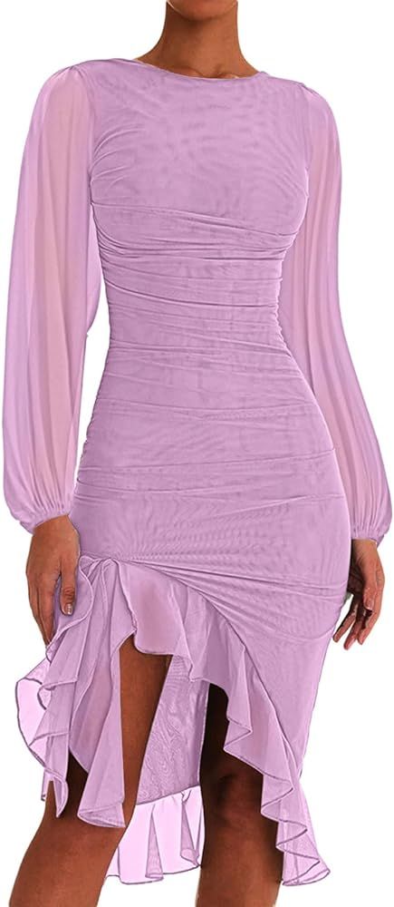 ENOPINK Women's Sexy Bodycon Dress Fall Long Sleeve Dress Ruched Split Party Club Cocktail Midi W... | Amazon (US)
