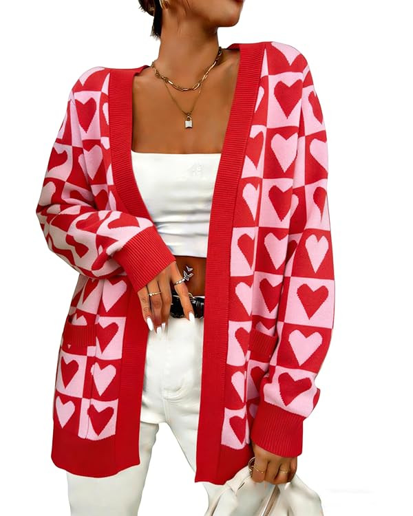 Heart Cardigan Valentines Sweater Women: Valentine Cardigan Love Print Open Front Knit Sweaters O... | Amazon (US)