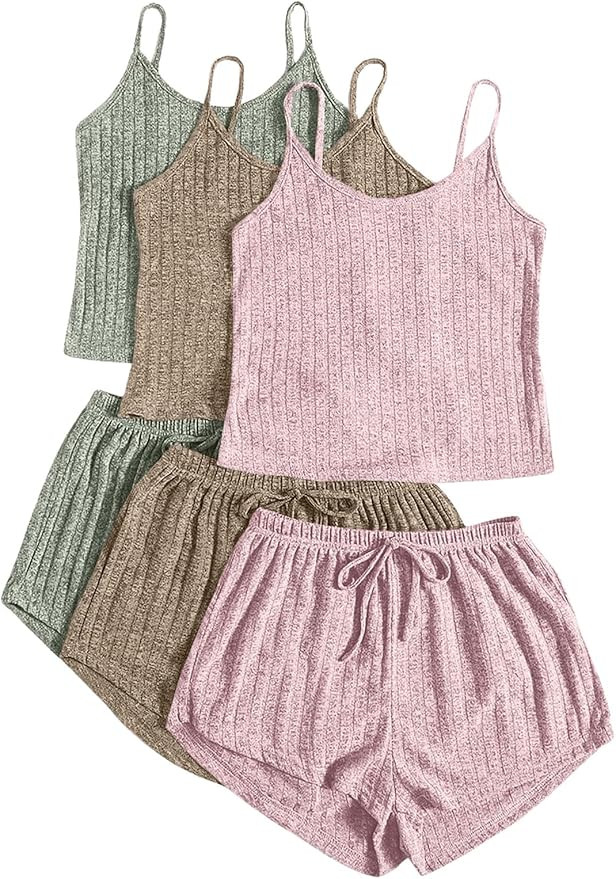 GORGLITTER Women's 3 Sets Ribbed Pajamas Set Sleeveless Crop Top and Tie Front Shorts Lounge Set ... | Amazon (US)