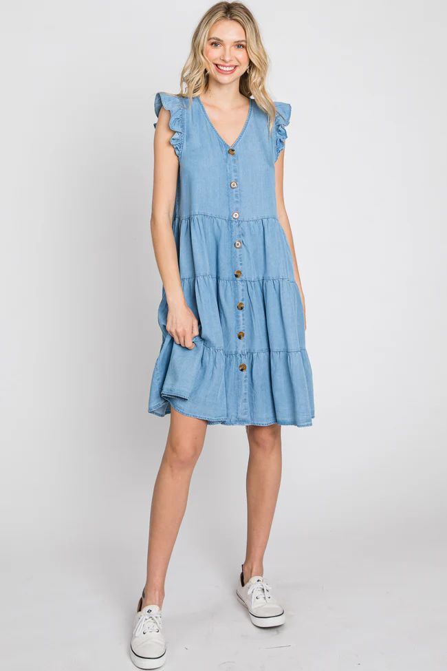 Light Blue Chambray Tiered Button Accent Dress | PinkBlush Maternity