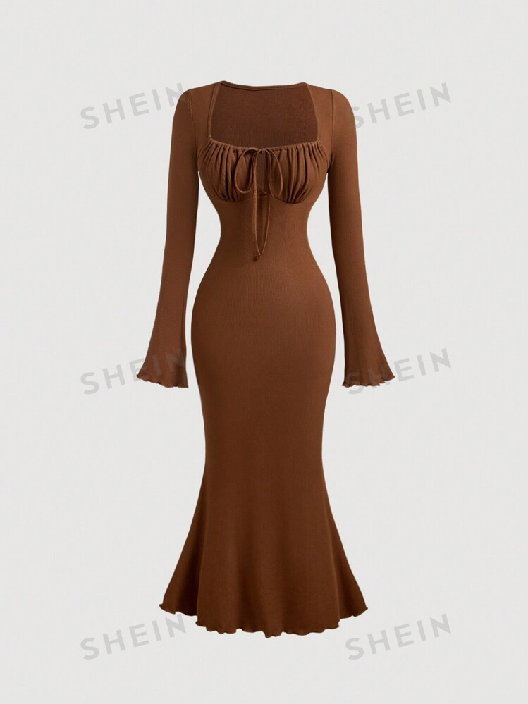 SHEIN MOD Tie Front Bell Sleeve Long Slim Fit Fishtail Dress, French Style, Brown Fall Women's Cl... | SHEIN