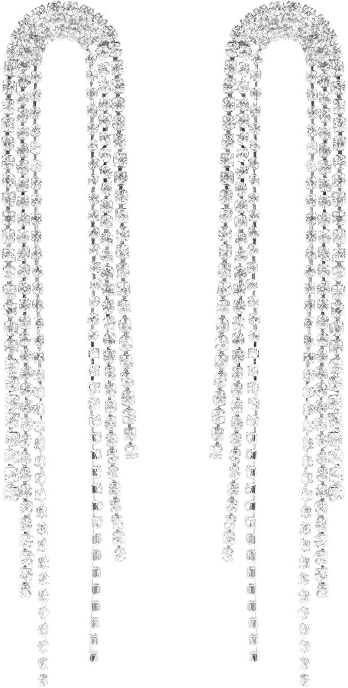 Xioose Silver Women Rhinestone Tassel Earrings, Fashion Lightweight Gorgeous Earrings Hypoallerge... | Amazon (US)