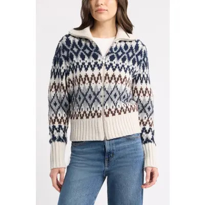 caslon(r) Fair Isle Wool Blend Zip Cardigan in Oat Light- Navy Fairisle at Nordstrom, Size X-Large | Nordstrom
