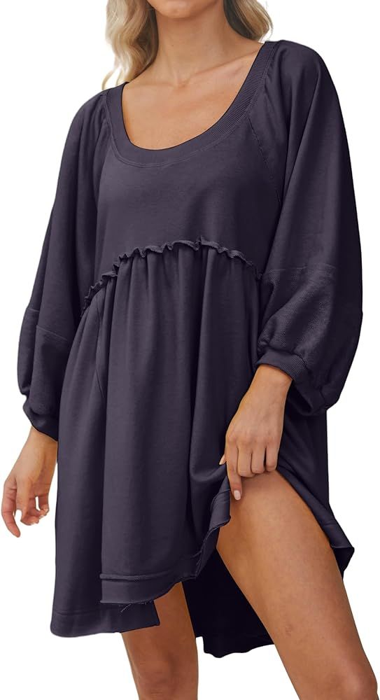 MISSACTIVER Women’s Oversized Patchwork Pullover Sweatshirt Dress Loose Lantern Sleeve Scoop Ne... | Amazon (US)