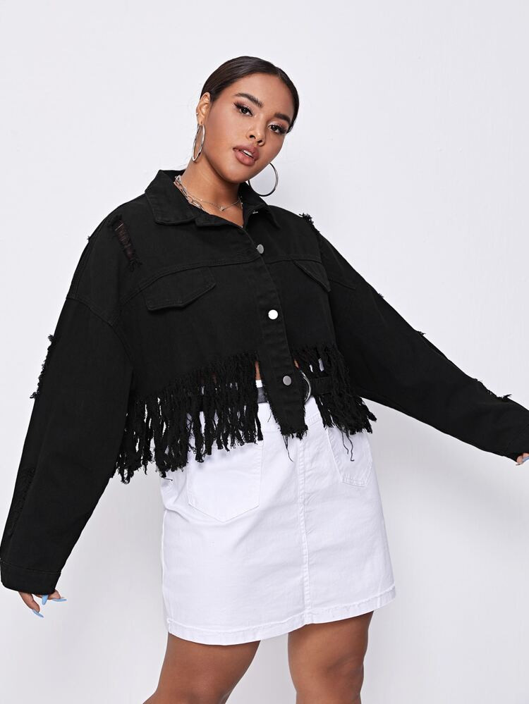Plus Fringe Trim Ripped Drop Shoulder Denim Jacket | SHEIN
