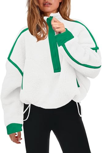 Panadila Womens Quarter Zip Fleece Pullover Sherpa Jacket Oversized Sweatshirt with Pockets Fuzzy Sweater (White Green Combo,XL) | Amazon (US)