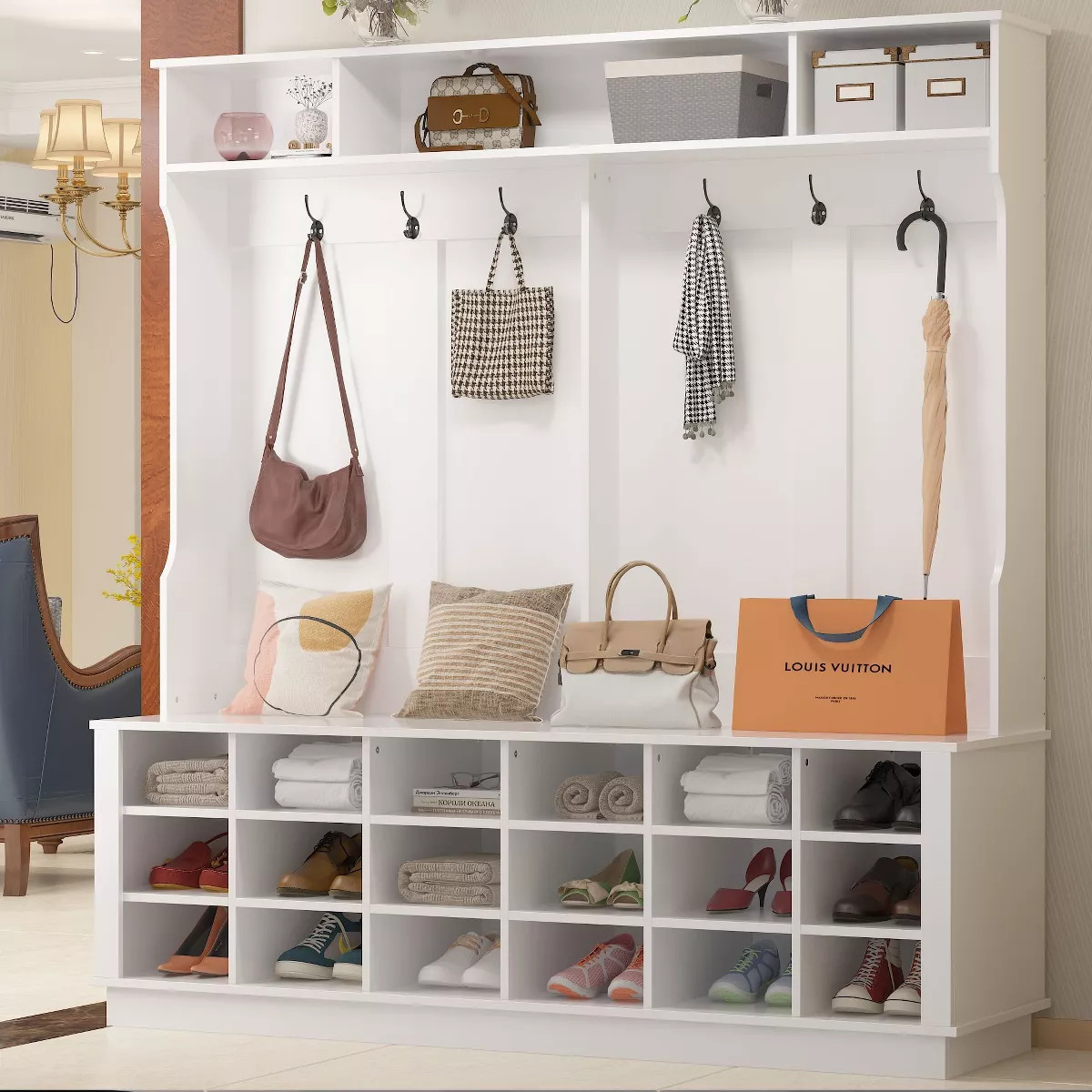 FUFU&GAGA Modern White Shoe Cubbies Wide Hall Tree With Hooks | Target