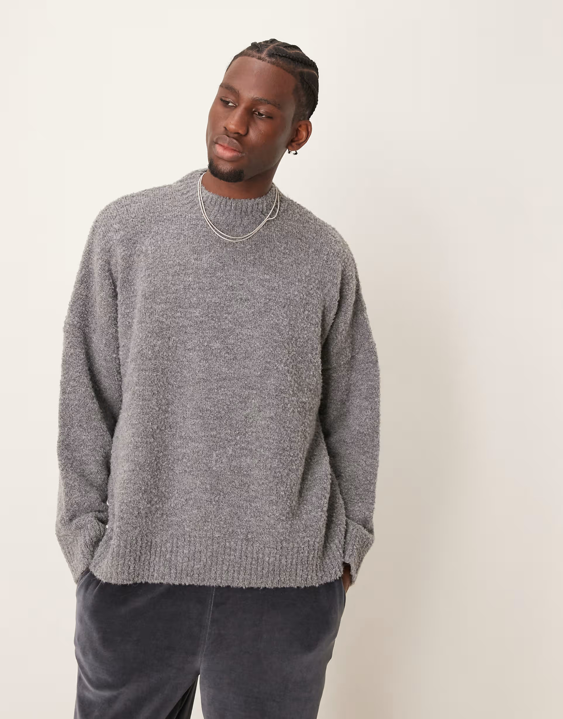 ASOS DESIGN super oversized boxy fit boucle knitted crew neck jumper in grey | ASOS (Global)