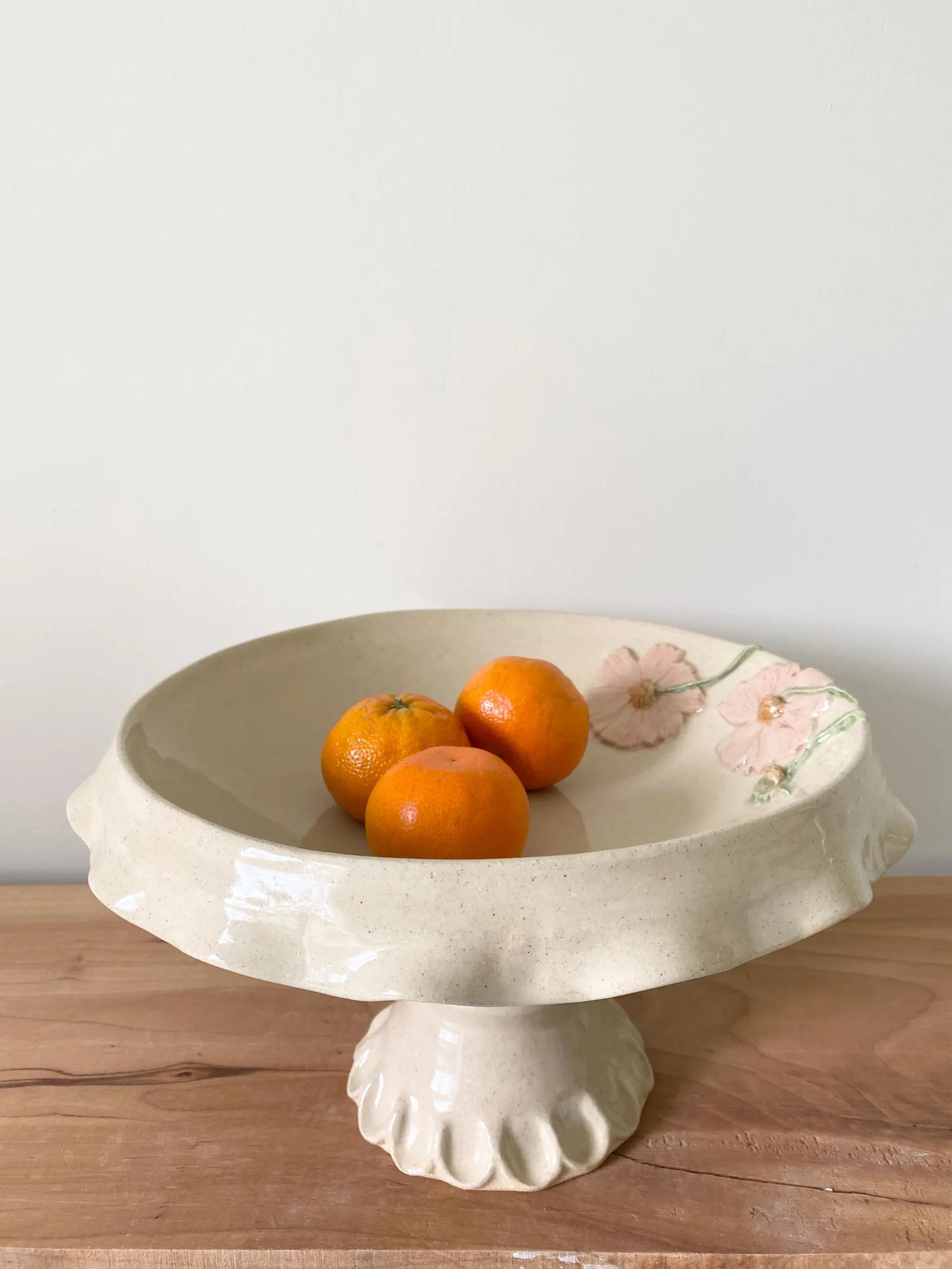 Scalloped Footed Fruit Bowl in White With Botanicals, Farmhouse Handmade Pottery - Etsy | Etsy (Global)