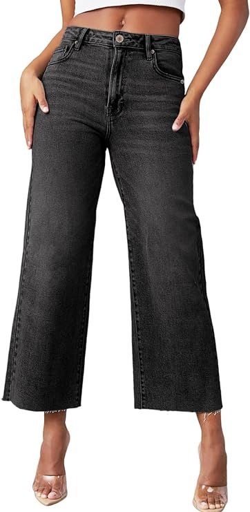 Sidefeel Women's Fashion Wide Leg Jeans High Waisted Stretchy Buttoned Denim Pants with Pockets | Amazon (US)